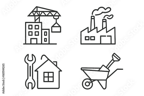 Construction and industry line icon set. Building site crane, factory, home repair with wrench, and wheelbarrow with shovel icons. Vector pictograms for development.
