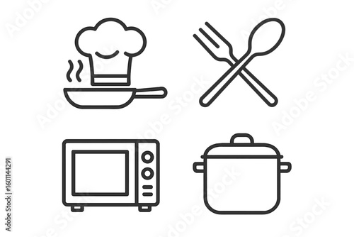 Set of 4 cooking line icons in linear style. Kitchen, food, and culinary concept symbols. Includes chef hat, pan, cutlery, microwave, and pot. Outline vector collection.