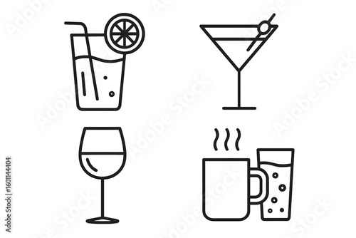 Drink icon set in a thin linear style. Collection of beverage symbols: cocktail, wine glass, lemonade, hot drink, soda. Minimalist outline icons for bar menu design.