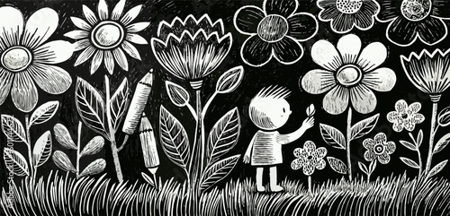 Child admiring flowers, crayons, black and white illustration