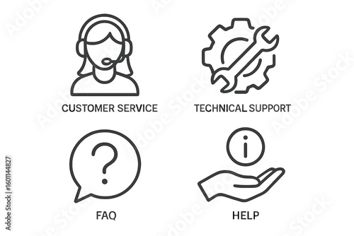 Customer service and technical support line icon set. Vector outline collection for website and app. Includes help, FAQ, assistance, and call center operator symbols.