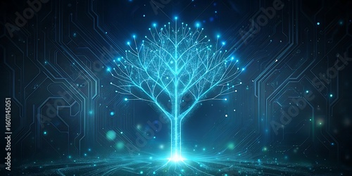 A luminous blue digital tree composed of intricate circuits and glowing particles radiates light against a dark complex technological.