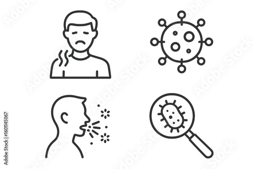 Virus and bacteria line icon set. Medical and health symbols for infection, disease, and sickness. Symptoms like cough and sore throat. Diagnosis and analysis vector concept.
