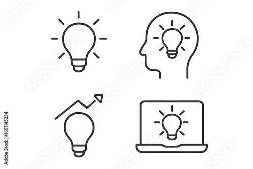 Idea and innovation icon set. Glowing light bulb in head, startup growth graph, and laptop screen. Thin line vector icons for creativity, business solution, and inspiration.