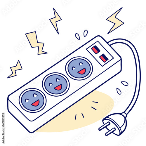 A happy cartoon power strip with three smiling electrical outlets and a plug