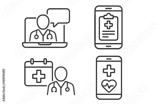 Telemedicine Line Icons Set – Online Medicine, Virtual Doctor Consultation, Diagnostic Services, Medical Appointment Scheduling, Healthcare Mobile Application, Remote Patient Care Concepts