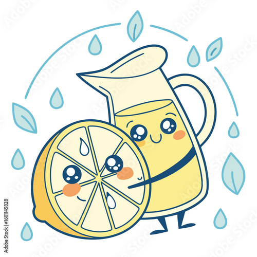 A happy cartoon pitcher of lemonade is hugging a smiling slice of lemon with water