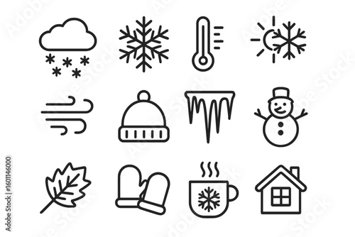 Winter line icon set. Collection of weather outline symbols. Snow, snowflake, cold, frost, icicle, snowman. Vector linear pictogram for Christmas holiday illustration.