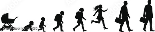 Life stages progression, human growth journey, from infancy to adulthood, silhouette illustration, evolution conceptLife stages progression, human growth journey