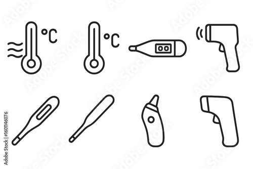 Thermometer icon set. Medical and weather temperature measurement. Digital, infrared, ear, and classic celsius thermometers. Line vector icons for fever, heat, cold, and healthcare.