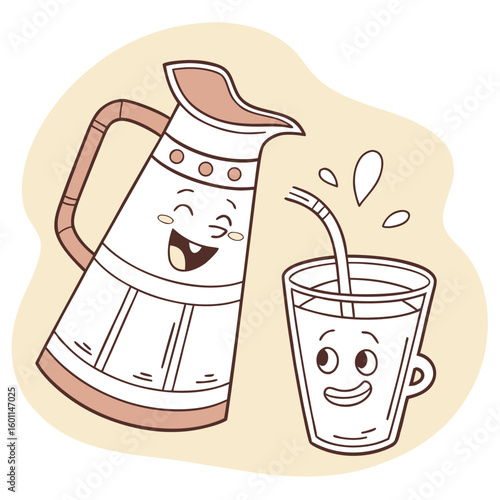 A happy cartoon pitcher of lemonade with a straw is pouring into a smiling glass
