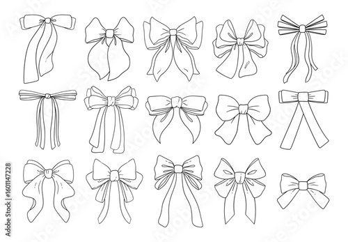 Cute cartoon ribbon bows outline set. Doodle decoration for party, hair, postcard, gift, wedding.