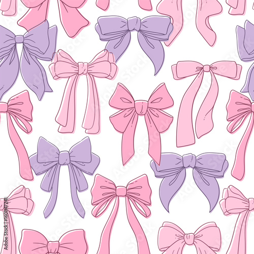 Cute pink bows seamless pattern. Hand-drawn cartoon bows for gift boxes, wrapping paper, packaging, and wallpaper.