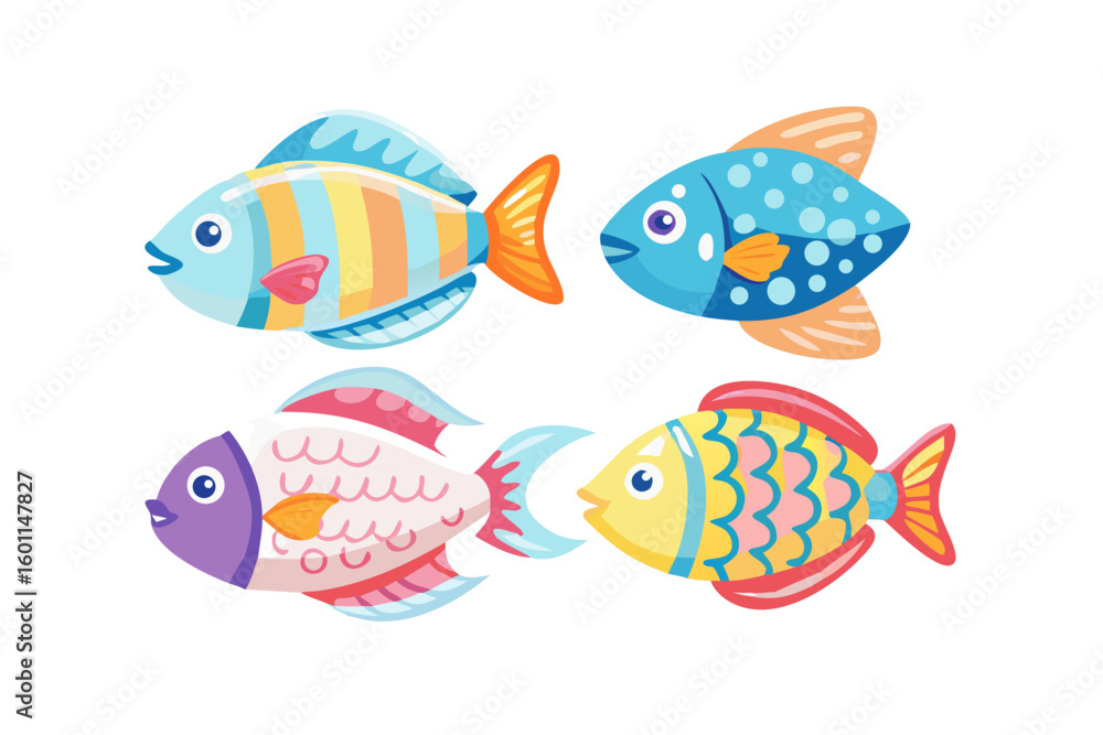 Fototapeta premium Four colorful cartoon fish swimming together on black background