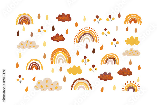 Boho rainbows and clouds with raindrops and leaves pattern