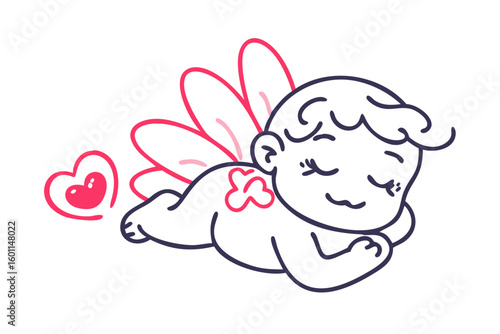 Cute cartoon cupid baby with wings and heart on black background