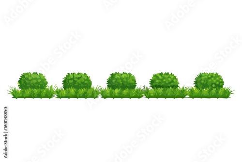 Row of green bushes and grass border on black background