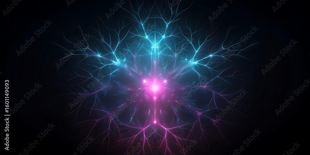 Obraz premium An abstract representation of a neural network or digital tree with glowing blue and pink light patterns radiating from a bright central.