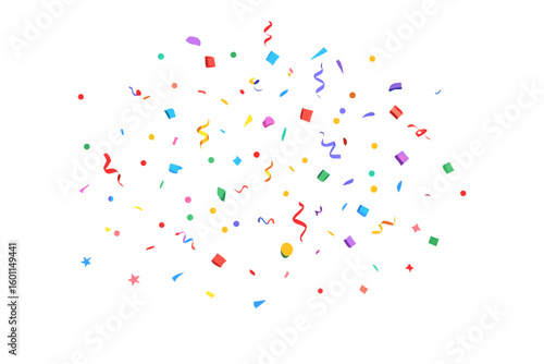 Colorful confetti and streamers falling on a black background