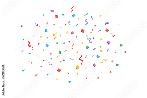Colorful confetti and streamers falling on a black background