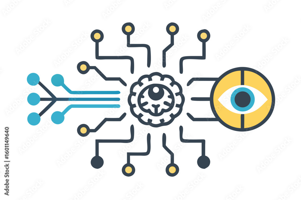 Fototapeta premium Artificial intelligence brain connected to a digital eye and data streams