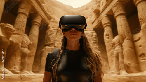 Woman with VR headset exploring ancient temple ruins. An immersive experience of exploration and history. Future technology, virtual tourism, archaeological site.