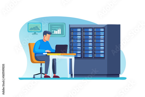 It professional working on laptop in server room with data center equipment