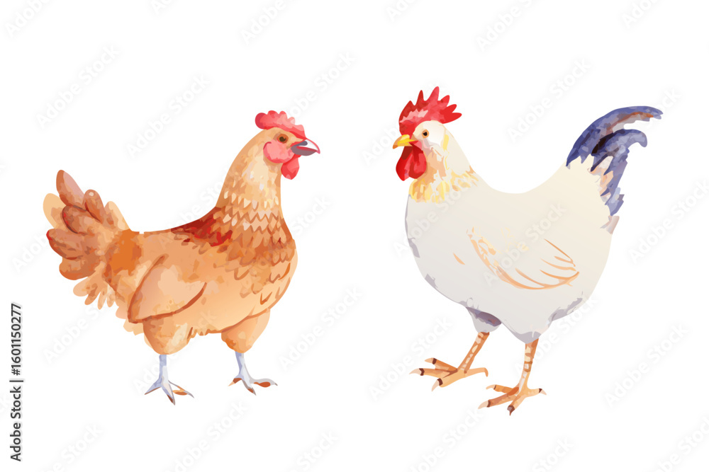 Fototapeta premium Watercolor illustration of a hen and a rooster facing each other
