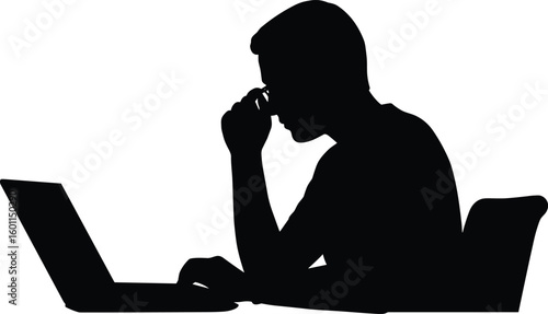 Silhouette of person, working on laptop, holding head, stress, fatigue, office, business, thinking, productivitySilhouette of person, working on laptop, holding 