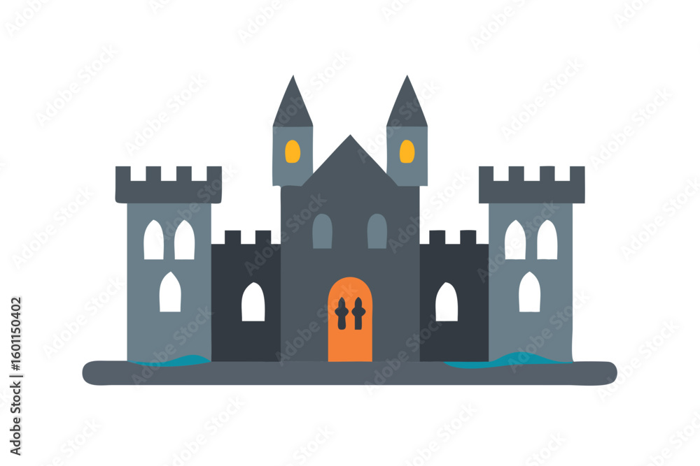 Obraz premium Stylized illustration of a dark medieval castle with towers and orange door