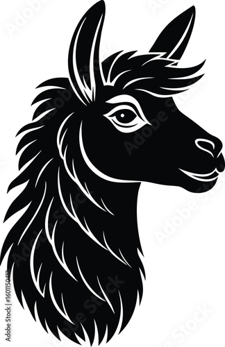 Vector art of a striking black and white silhouette of a llamas head and neck in a side profile