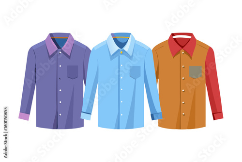 Three stylish button down shirts in different colors arranged together