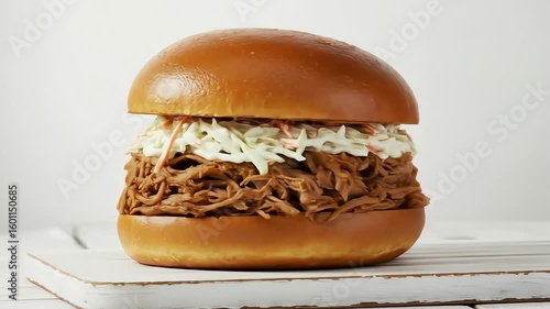 A toasted brioche bun filled with tender pulled pork and topped with creamy coleslaw. The sandwich is slightly open to show the layers, placed on a white wooden board with a white background