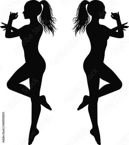 Silhouette of two dancers, artistic pose, graceful movements, black and white, ballet style, elegant compositionSilhouette of two dancers, artistic pose, graceful movements