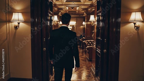 Wallpaper Mural Elegant businessman in a suit walks through the doorway of a luxurious club, his back to the camera, as he enters a dimly lit hallway with leather armchairs and wall lamps Torontodigital.ca