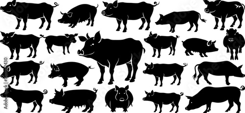 Collection of Pig Silhouettes: Black and White Farm Animal Graphics