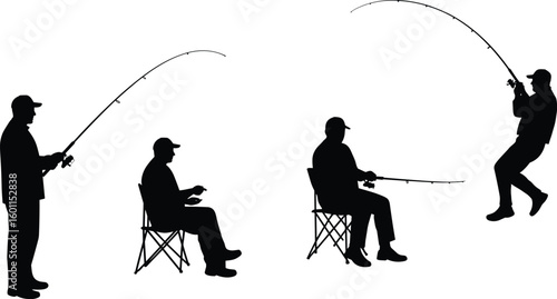 Silhouetted fishermen casting rods while sitting and standing beside calm water during peaceful outdoor fishingSilhouetted fishermen casting rods while sitting 