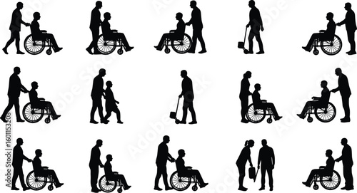 Silhouetted caregivers, wheelchair support, disabled assistance, walking aid, healthcare interaction, mobility help, medical care, rehabilitation conceptSilhouetted caregivers, wheelchair support