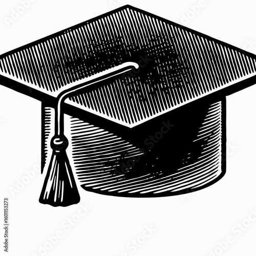 Graduation Cap Illustration: Black and White Engraving Style