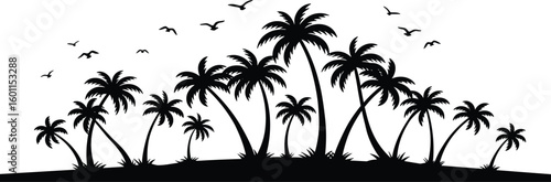 Tropical island silhouette, palm trees, flying birds, nature scene, peaceful illustration, black white contrast, outdoorTropical island silhouette, palm trees, flying birds, nature scene