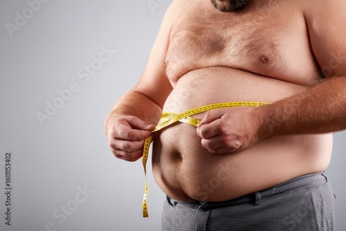 Overweight man measuring belly fat.  Studio shot. Ideal for healthcare, diet, and fitness related marketing.