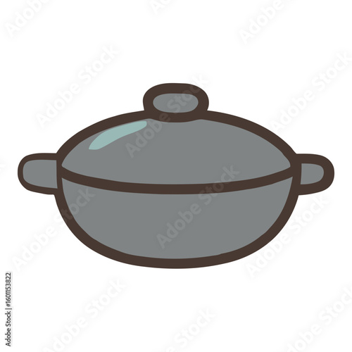 Isolated kitchenware: cast iron pan, stainless steel pot, and saucepan with lid