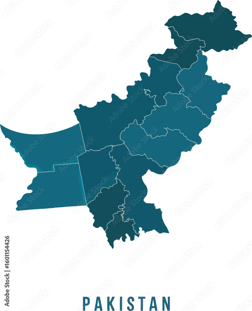 Fototapeta premium Pakistan Map Visualization: A detailed, teal-colored map of Pakistan, meticulously crafted to highlight the nation's geographical boundaries and administrative regions.