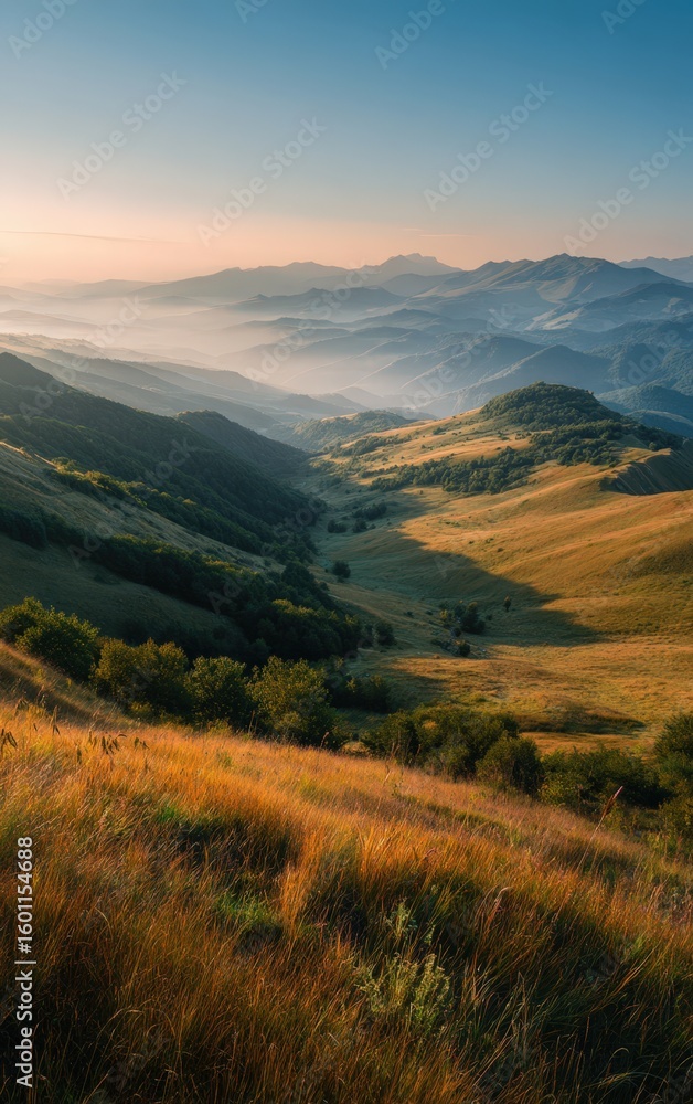 Fototapeta premium Serene sunrise mountain landscape. Golden hour light, mist-covered valley. Ideal for travel, nature, and environmental projects.