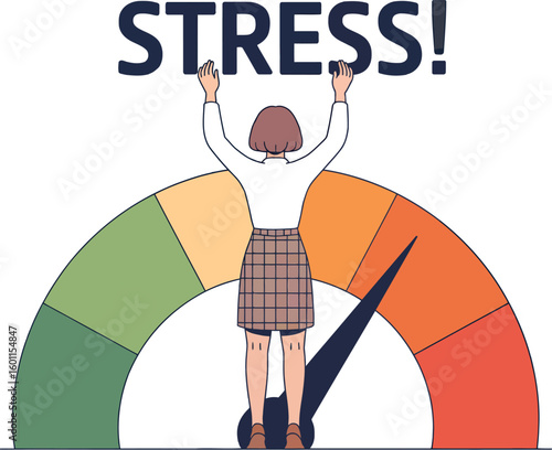 Stress Meter Illustration: A visual representation of stress levels is shown with a meter indicating the degree of strain and pressure, along with a person.