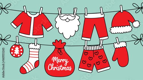 Festive Christmas Clothesline: A whimsical illustration of holiday garments and festive elements hangs on a clothesline, evoking the anticipation and cheer of the Christmas season.
