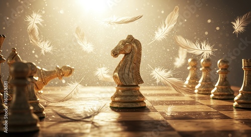 Golden Chess Knight Dominating Game with Falling Feathers. Strategy, Intelligence, and Victory Concept. Luxury Chessboard, Winning Move.