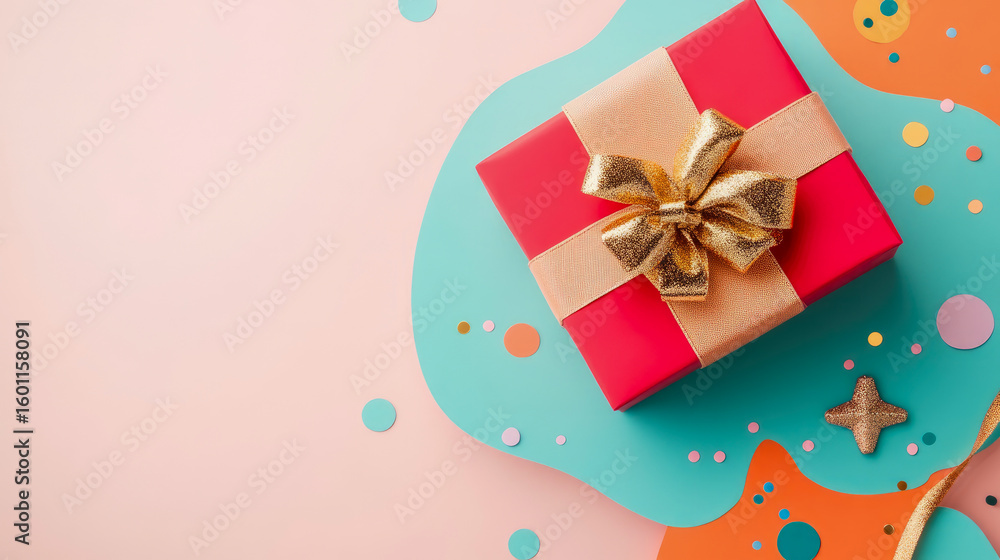 Obraz premium Concept: Celebration, Present for holidays, Design for a card or print showing a red box with a gold bow and confetti on a pink and light blue surface