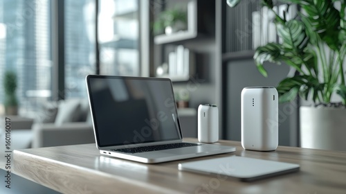 Modern laptop  power banks  desk  office  city view