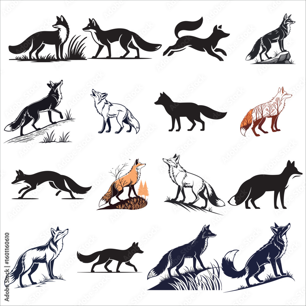 Obraz premium Collection of stylized fox silhouettes vector: black, white, and color variations; majestic, wild, and elegant mood.
